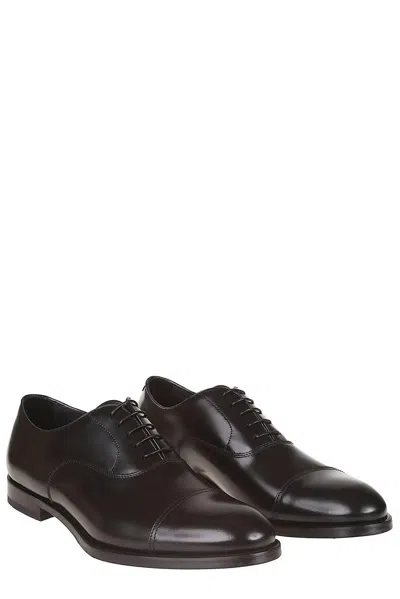 Doucal's Blue Oxford Shoes In Brushed Leather With Toe Cap In Black