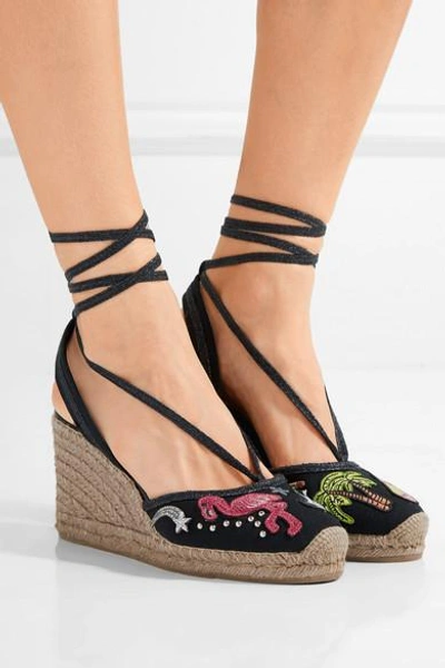 Shop Marc Jacobs Nathalie Embellished Appliquéd Canvas Wedge Espadrilles