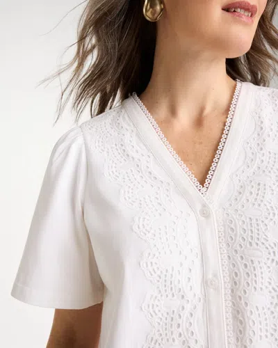 Chico's Embroidered Button-front Tee In White In White