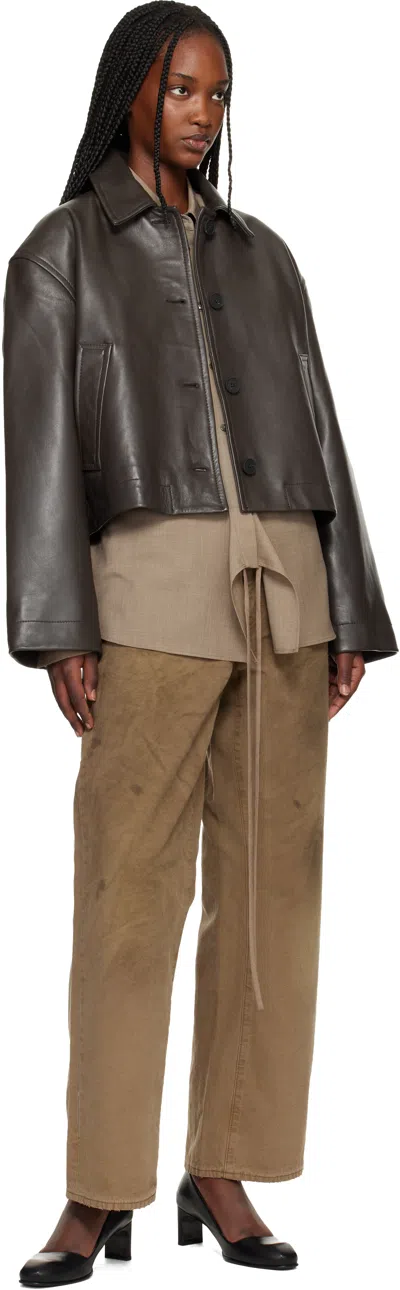 Studio Nicholson Brown Button Through Cropped Leather Jacket In Brown