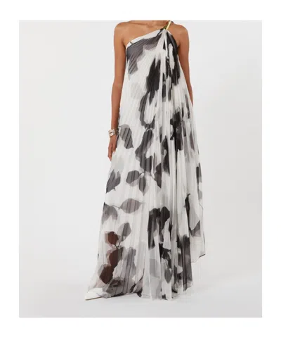 Max Mara Chiffon Dress With An All-over Printasymmetrical Neckline With Metal Detail On The Left Shoulder In White
