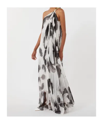 Max Mara Chiffon Dress With An All-over Printasymmetrical Neckline With Metal Detail On The Left Shoulder In White