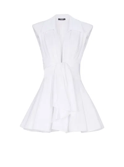 Balmain Belted Pleated Cotton-poplin Mini Dress In White