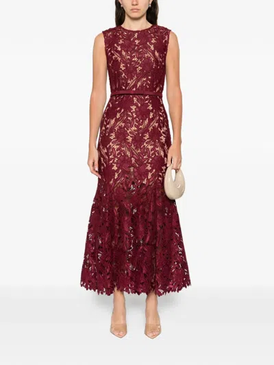 Self-portrait Fitted Guipure Lace Midi Dress With Removable Belt In Red