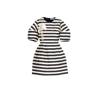 Georgette Black & Ivory Striped Mini Dress With Floral Detail In Gray