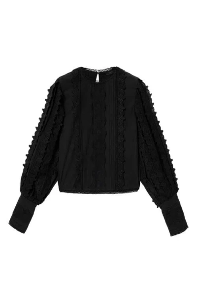 Allsaints Hart Lace Embroidered Bishop Sleeve Top In Black