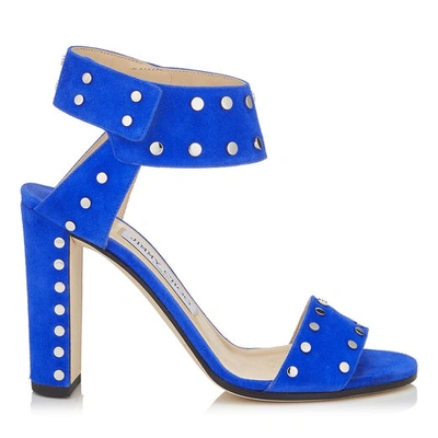 Shop Jimmy Choo Veto 100 Cobalt Suede Sandals With Silver Studs In Cobalt/silver