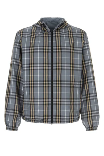 Burberry Mens Wave Blue Ip Check Reversible Check Hooded Anorak Jacket In Gray