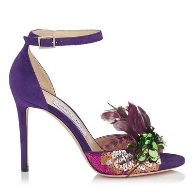 Shop Jimmy Choo Annie 100 Iris Suede And Jazzberry Mix Feather Embroidery Peep Toe Sandals In Iris/jazzberry Mix