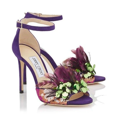 Shop Jimmy Choo Annie 100 Iris Suede And Jazzberry Mix Feather Embroidery Peep Toe Sandals In Iris/jazzberry Mix