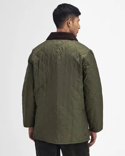 Barbour Heritage Liddesdale Green Jacket With Classic Corduroy Collar And Logo Lettering On The Front In Tec