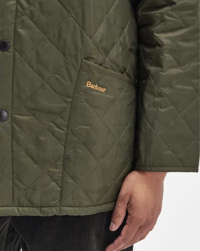 Barbour Heritage Liddesdale Green Jacket With Classic Corduroy Collar And Logo Lettering On The Front In Tec