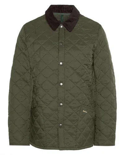 Barbour Heritage Liddesdale Green Jacket With Classic Corduroy Collar And Logo Lettering On The Front In Tec