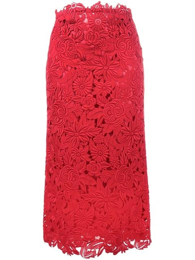 Valentino Guipure Lace Midi Skirt In Red