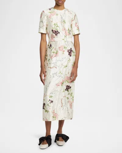 Erdem Floral Print Textured Satin Midi Pencil Dress In Neutral