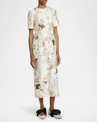 Erdem Floral Print Textured Satin Midi Pencil Dress In Neutral