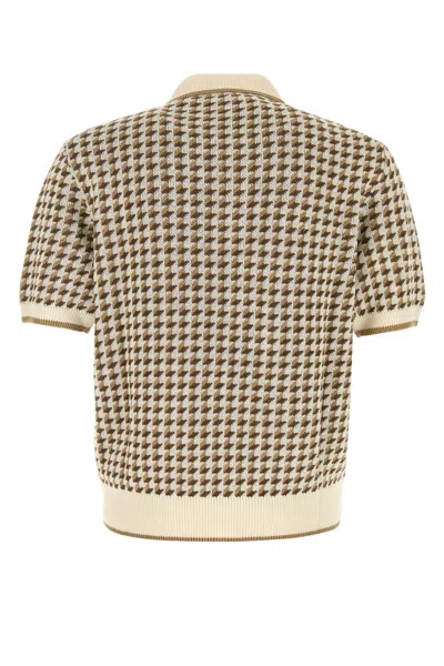 Canali Beige Short-sleeved Linen And Silk Jacquard Polo Shirt With Houndstooth Pattern In Multi