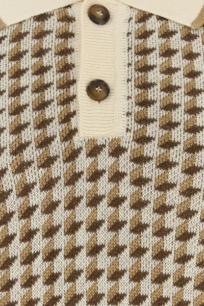 Canali Beige Short-sleeved Linen And Silk Jacquard Polo Shirt With Houndstooth Pattern In Multi