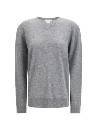 The Row Nian Long Sleeve Top Ribbed V Neckline In Gray