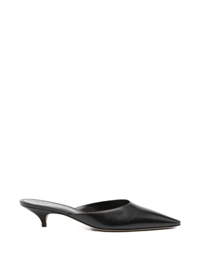 The Row Liisa Leather Kitten Heel Pointed Toe Mules In Black