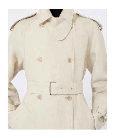 Max Mara Double-breasted Linen Drill Overcoat In Gray