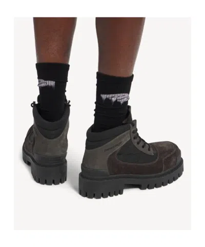 Balenciaga Slate Suede And Canvas Combat Ankle Boots In Brown