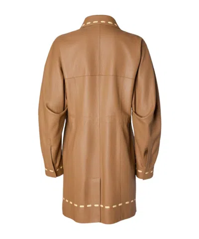 Fendi Overcoat Brown Leather Overcoat With Selleria Stitching In Brown