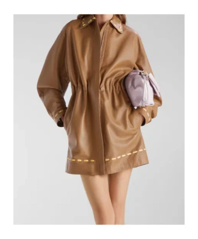 Fendi Overcoat Brown Leather Overcoat With Selleria Stitching In Brown