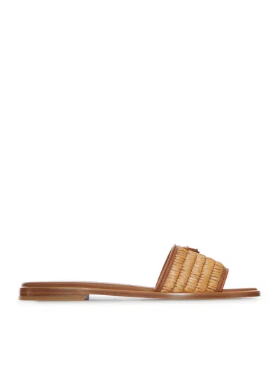 Prada Triangle Logo Raffia Flat Slide Sandals In Neutral