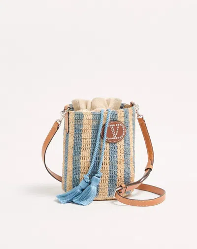 Valentino Garavani Small Bucket Bag In Raffia With Beige And Light Blue Stripes In Multi