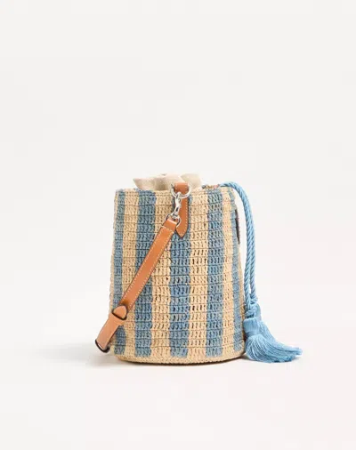 Valentino Garavani Small Bucket Bag In Raffia With Beige And Light Blue Stripes In Multi