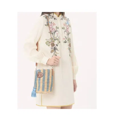 Valentino Garavani Small Bucket Bag In Raffia With Beige And Light Blue Stripes In Multi