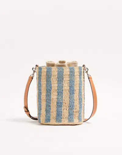 Valentino Garavani Small Bucket Bag In Raffia With Beige And Light Blue Stripes In Multi