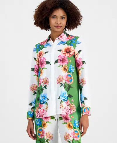 T Tahari Button Down Printed Blouse In Multi