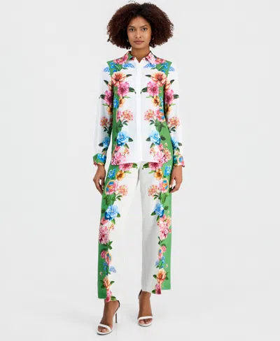 T Tahari Button Down Printed Blouse In Multi