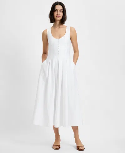 French Connection Pleated Sleeveless Sateen Midi Dress In White