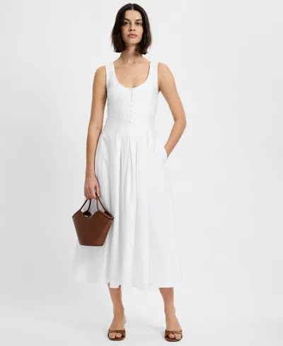 French Connection Pleated Sleeveless Sateen Midi Dress In White