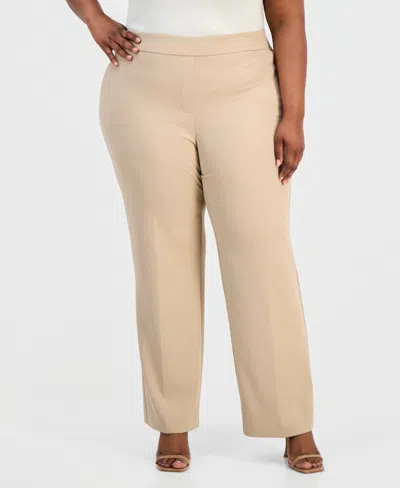 Anne Klein Essentials Plus Size Straight-leg Pull-on Pants In Brown