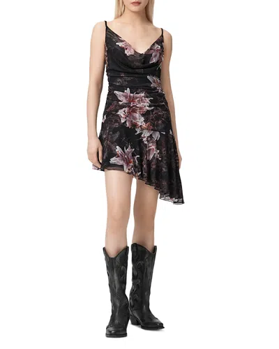 Allsaints Polyester Bea Asymmetric Mesh Mini Dress In Black