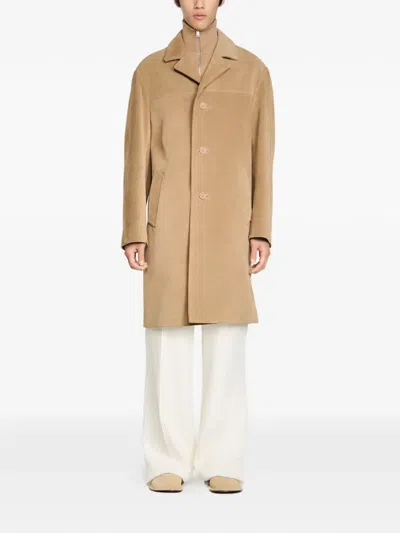 Sandro Belted Leather Coat In Brown