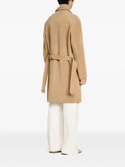 Sandro Belted Leather Coat In Brown
