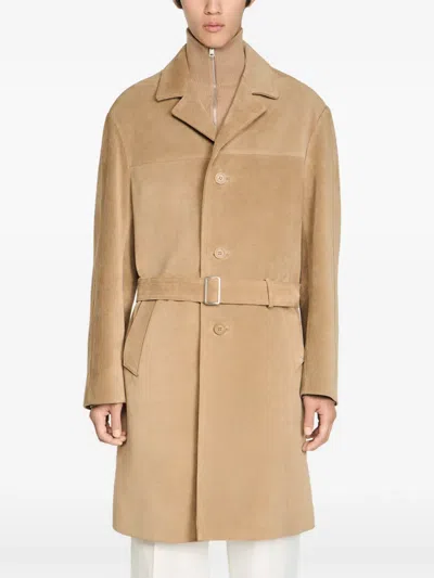 Sandro Belted Leather Coat In Brown