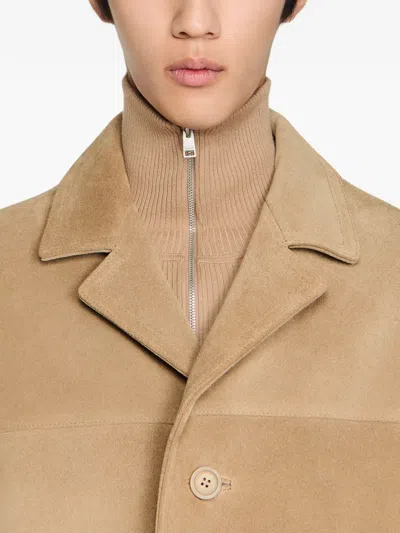 Sandro Belted Leather Coat In Brown