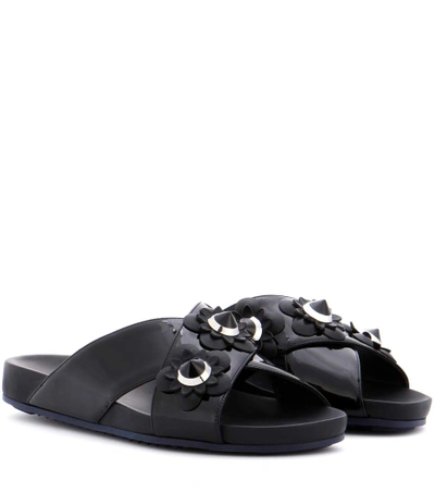 Fendi Flowerland Embellished Patent Leather Crisscross Slides In Black