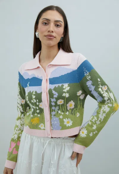 House Of Sunny Sunset Blooms Tripper Cardigan In Green