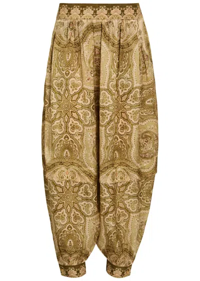 Zimmermann Womens Olive Perla Paisley Luna Harem Silk Trousers Xl In Green