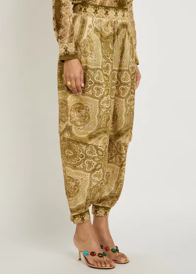 Zimmermann Womens Olive Perla Paisley Luna Harem Silk Trousers Xl In Green
