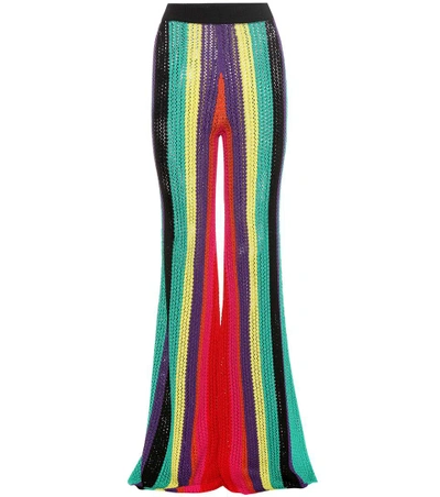 Balmain High Waist Striped Flared Crochet Pants In Multicolor