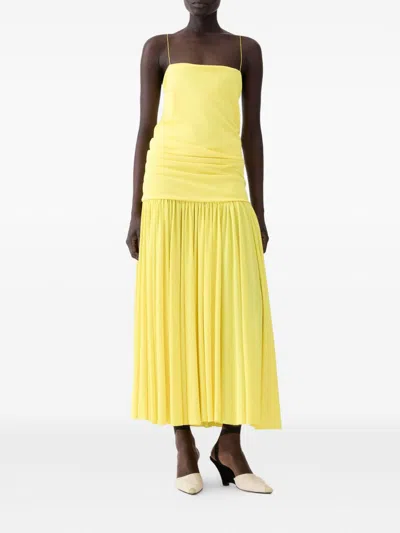 Jacquemus Yellow Dress With Straight Neckline And Gathered Waist In Tech Fabric Woman In Yellow