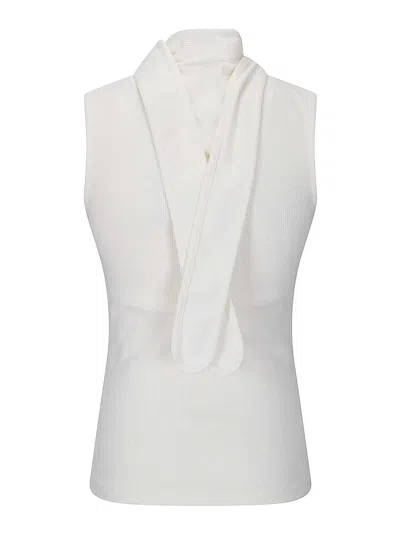 Lemaire Tie-neck Ribbed Stretch-cotton And Linen-blend Jersey Top In White